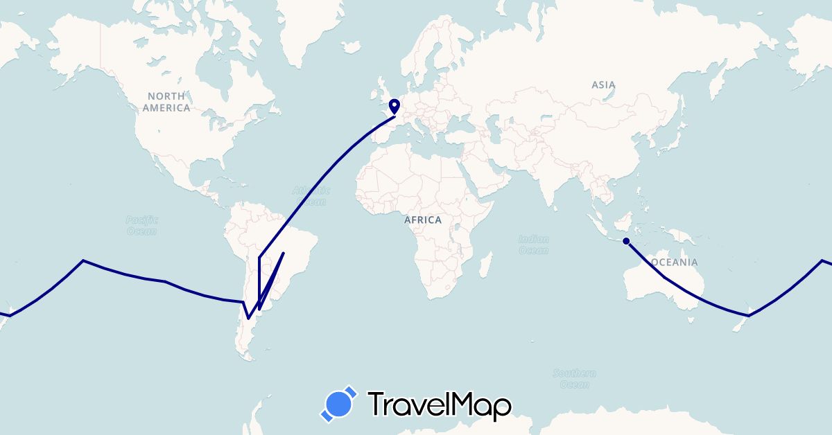 TravelMap itinerary: driving in Argentina, Australia, Bolivia, Brazil, Chile, France, Indonesia, New Zealand, French Polynesia (Asia, Europe, Oceania, South America)